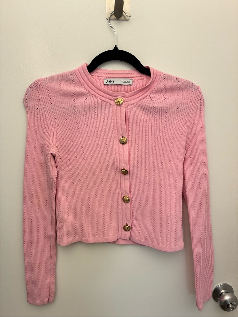 Zara Light Pink Ribbed Cardigan with Gold Buttons